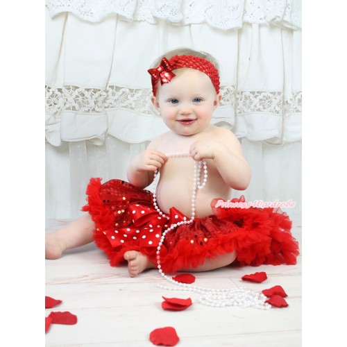Hot Red Sparkle Bling Sequins Newborn Pettiskirt & Minnie Dots Bow & Red Headband Sequins Bow N243